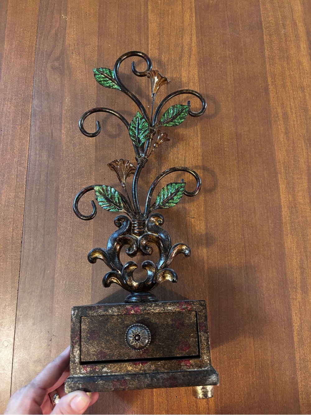 Ornate Vintage Metal Leaf Jewelry Stand with Drawer - Green Accents